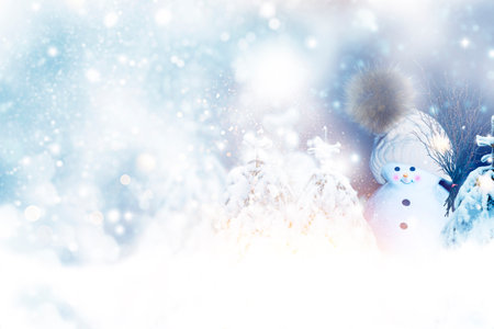 Funny happy snowman. Winter landscape. Merry christmas and happy new year greeting cardの写真素材