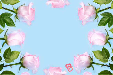Valentine. Pink roses on a blue background. Holiday card. Hearts.の写真素材
