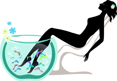 Relaxing woman taking fish spa pedicure wellness care treatment with rufa garra, or doctor fish, nibble fish and kangal fish vector のイラスト素材