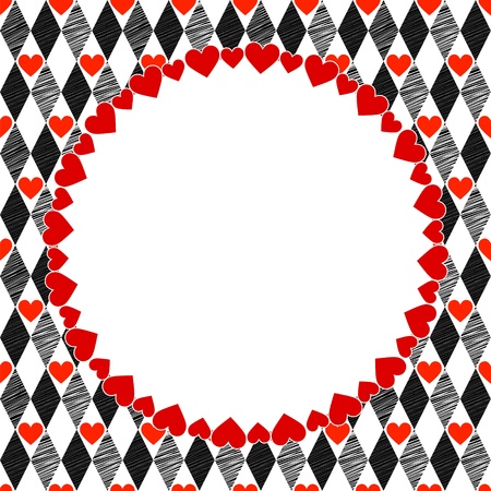 Harlequin Hearts Red, Black and White Art Background, Round Frame with place for your textのイラスト素材