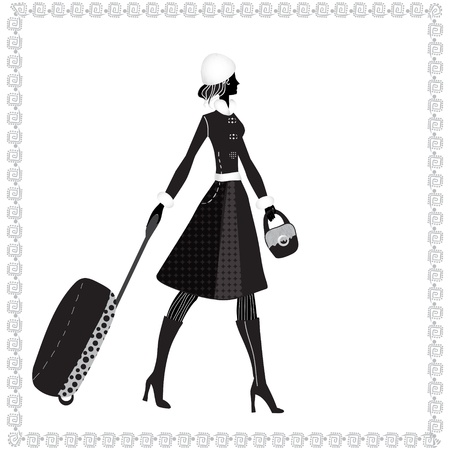 Black and white illustration of a young elegant woman with luggage, winterのイラスト素材