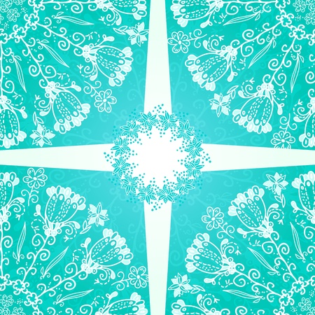 Blue floral ornament doodles background with ribbon and labelのイラスト素材