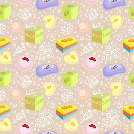 Seamless pattern with bath soaps, bombs and doodle flowersのイラスト素材