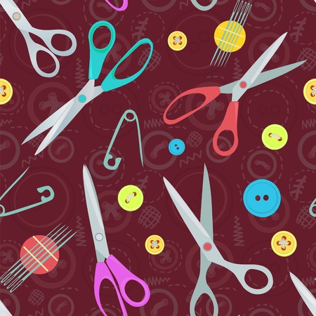 Retro seamless pattern with sewing accessories - scissors and buttonsのイラスト素材