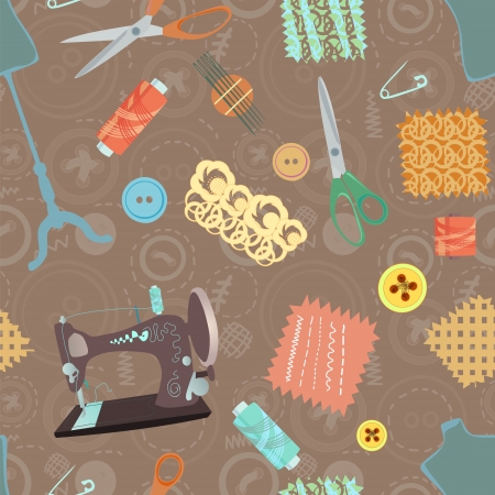Retro seamless pattern with sewing accessories - scissors, buttons and sewing machineのイラスト素材