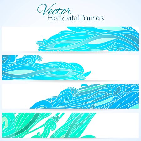 Set of three horizontal banners with water hand drawn wavesのイラスト素材