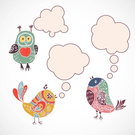 Vintage birds set with speech bubbles on white background. vector illustrationのイラスト素材
