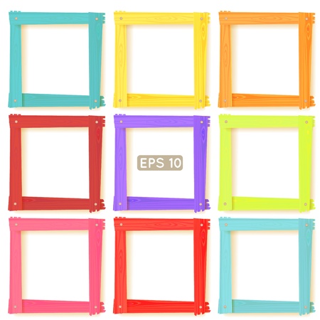 9 wooden square picture frames color rainbow set for your web designのイラスト素材