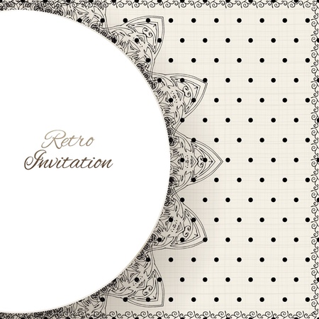 Vintage polka dots vector ornament card with lace label and striped grunge backgroundのイラスト素材