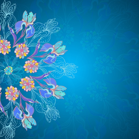 Blue floral ornament mandala background card with doodles irisのイラスト素材