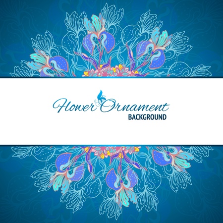 Blue floral ornament mandala background card with doodles iris and horizontal place for your textのイラスト素材