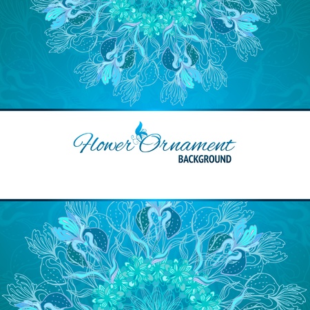 Blue floral ornament mandala background card with doodles iris and horizontal place for your textのイラスト素材