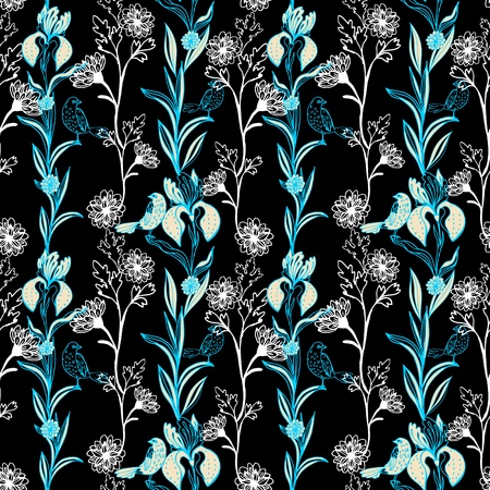 Vintage black floral seamless pattern on dark blue with doodle flowers and birdsのイラスト素材