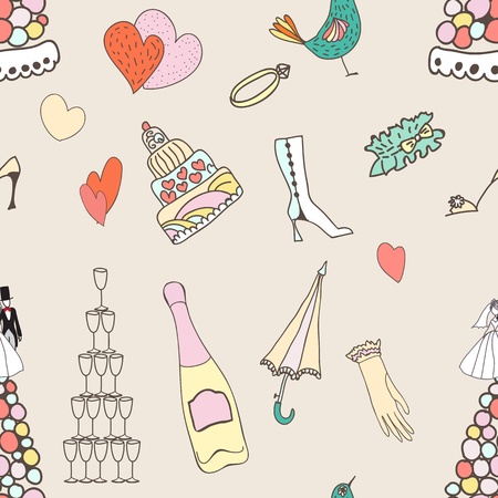 Wedding seamless pattern with cute hand drawn doodles, wedding sketchy illustrationのイラスト素材