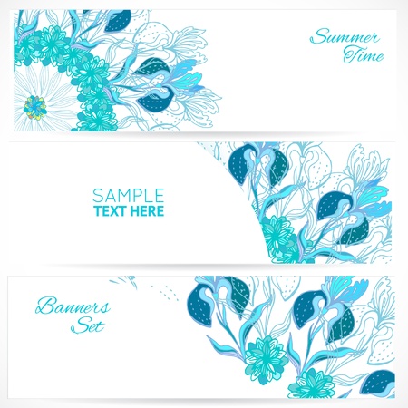 Blue floral ornament banners set with doodles iris and vertical place for your textのイラスト素材