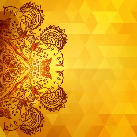 Template for invitation card gold background with triangles, shining particles and doodle ethnic ornamentsのイラスト素材