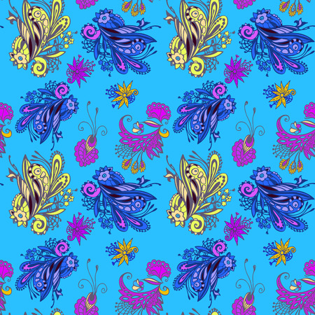Blue flower seamless pattern with doodle abstract elementsのイラスト素材