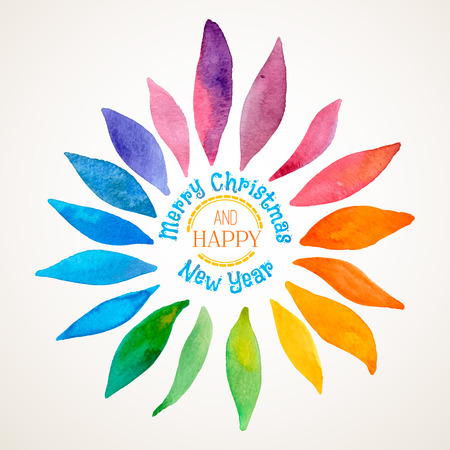 Rainbow colorful watercolor vector background with merry christmas and happy new year typography, icon. design templateのイラスト素材