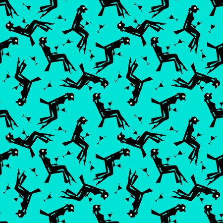 Seamless pattern with woman on the beach, silhouette vector blue backgroundのイラスト素材