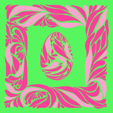 Vector easter card with ornamental egg and a frame. Green, roze colors. Hand letteringのイラスト素材