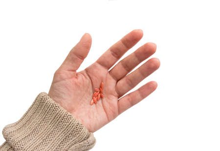 female hand holds cucumber seedsの写真素材