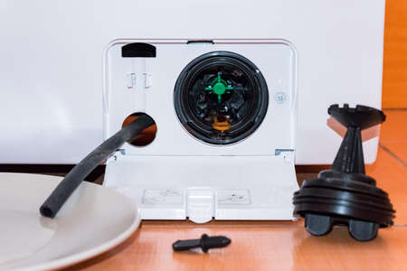 Service of the washing machine, got a small garbage from the filterの写真素材