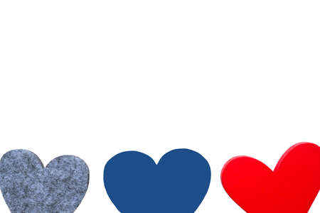 Hearts for Valentine's Day. Isolated gray, blue and red heart below.の写真素材