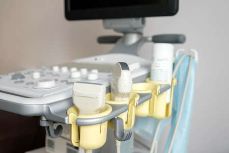 Ultrasound. Medical equipment for the diagnosis of diseases. Visible nozzles, wires, buttons.の写真素材