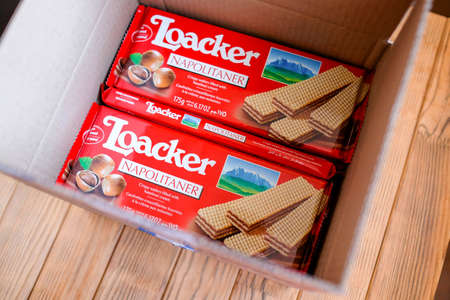 Loacker products. Packing Italian waffles in a boxのeditorial素材