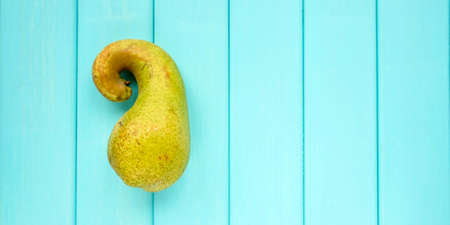 Unusual pear on a turquoise background. Variety Conference. Bannerの写真素材