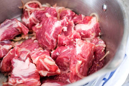 Raw red meat for barbecue in a plate. Pork cut into slices with onionsの写真素材