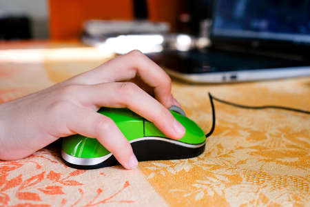 Hand on a computer mouse. The childs hand guides learning with technologyの写真素材
