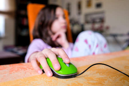 The child is sitting on a chair, studying at the computer. Study at homeの写真素材