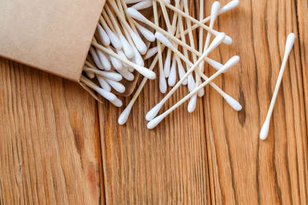 Eco cotton buds made of wood. Eco-friendly cotton ear sticksの写真素材
