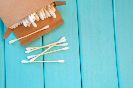 Eco wooden sticks in a box. Space for text on the rightの写真素材