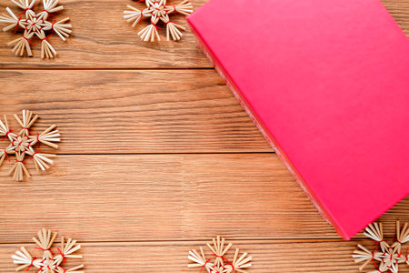 Festive christmas box with white snowflake. Toy Straw Snowflakesの写真素材