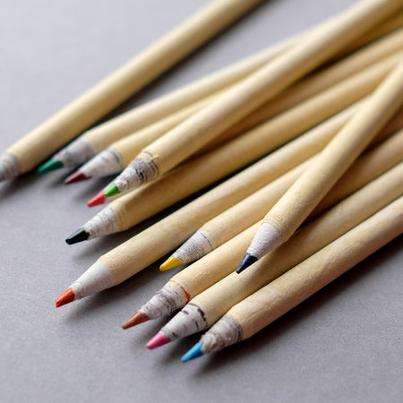 Eco pencils on a gray background. Colored stationery in a squareの写真素材