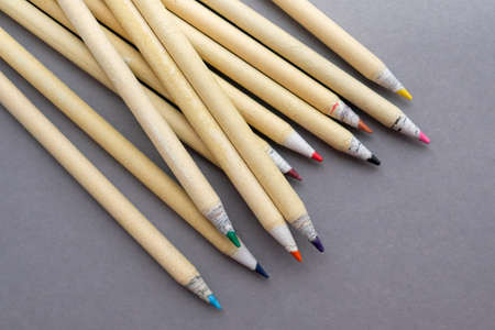 Eco pencils on a gray background. Colored stationeryの写真素材