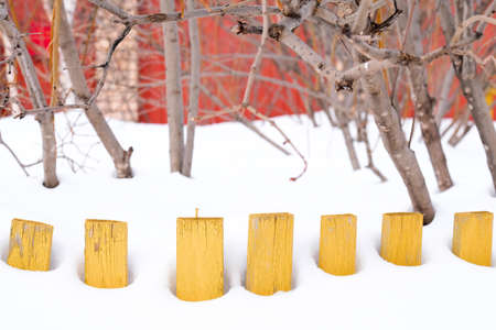 Wooden yellow low fence in the snow.の写真素材
