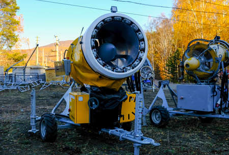 Russia, Bashkiria - 09.10.2021 - Technical installation for snowing a mountain slope.のeditorial素材