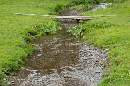 A small river among high grassy banks. Summer in the village, no people.の写真素材