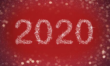 Christmas bokeh. Flares On the eve of the New year and Christmas. Bright fire. Colored twinkling lights. Background 2020 on a red background.の写真素材