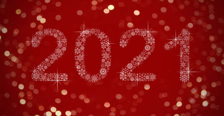 Happy new year. numbers 2021 of snowflakes on a red background and bokeh.