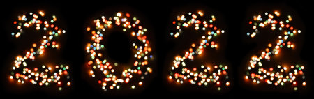 neon number 2022. Preparation for the New Year. bright numbers on a black background. multicolored bokeh.の写真素材