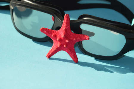 swimming goggles and a starfish on a blue background. marine theme, preparation for summerの写真素材