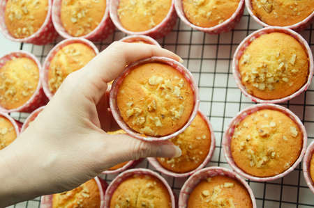 creamy cupcake with nuts in pink shape. homemade cakes, sweet dessert.