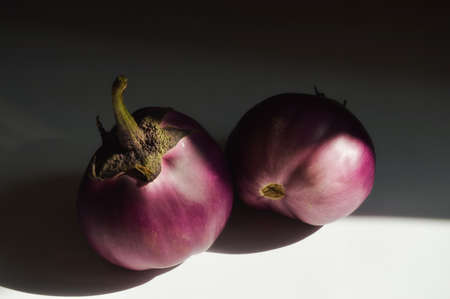 round purple eggplant. a ripe vegetable. vegetarian food. background for the design.の写真素材