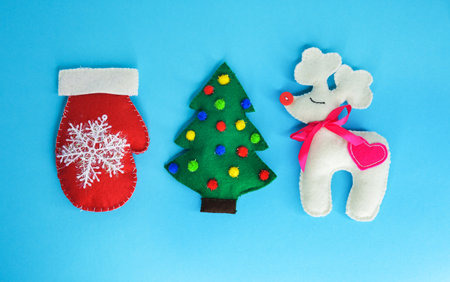 decor on a blue background. children's toys. decoration for a Merry Christmas and a Happy New Year. winter holidays.の写真素材