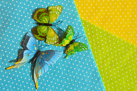 Butterflies on blue and yellow polka dot paper background.の写真素材