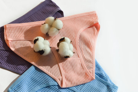 Women's underwear and cotton flowers on a white background. top view.の写真素材